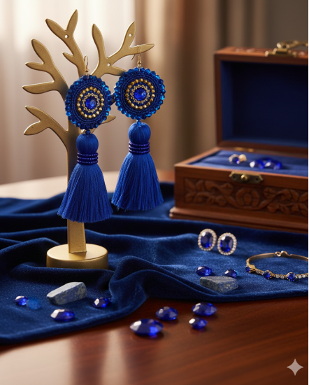 Háčkované  dizajnové náušnice "Kráľovský modrý zafír"